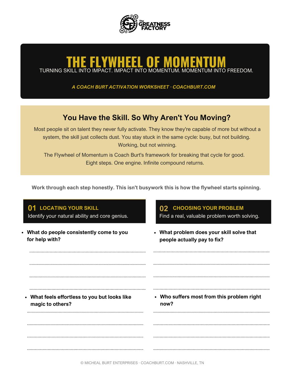 First page of The Flywheel of Momentum worksheet by Coach Michael Burt