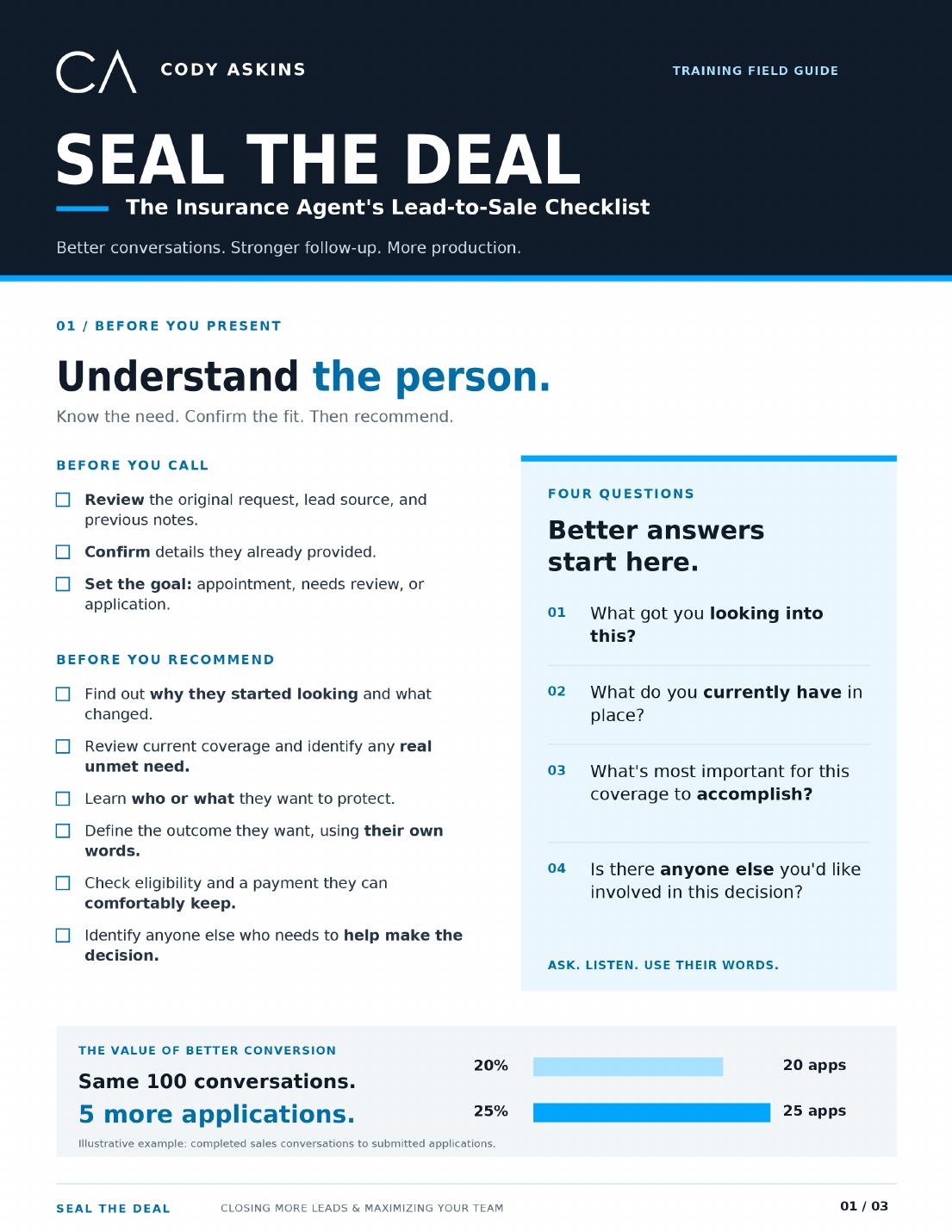 First page of Seal the Deal: The Insurance Agent’s Lead-to-Sale Checklist by Cody Askins